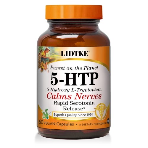 Lidtke 5-HTP, botella de cápsulas, apoyo al bienestar diario.