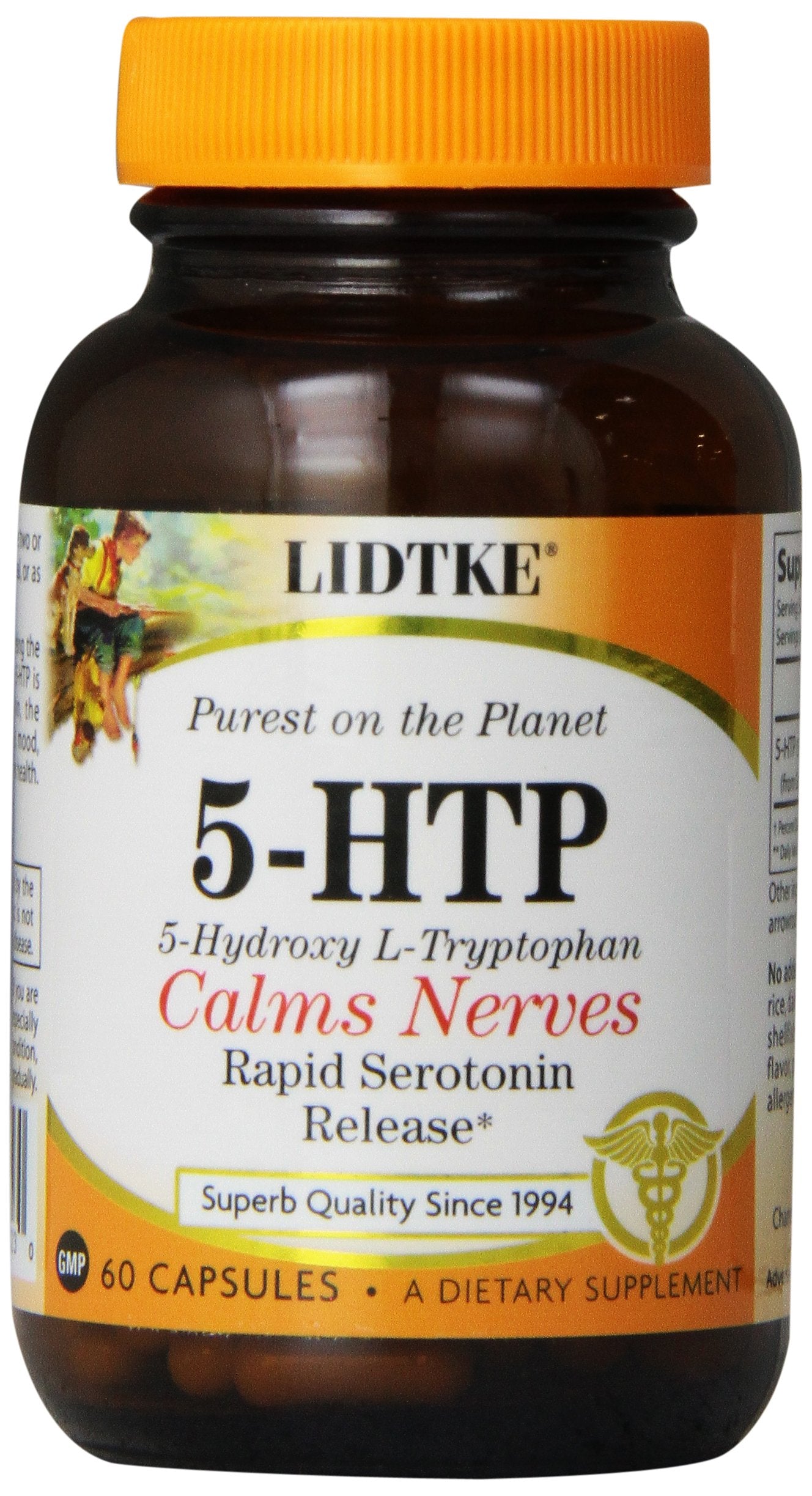 Lidtke 5-HTP cápsulas, empaque frontal, apoyo al equilibrio emocional.