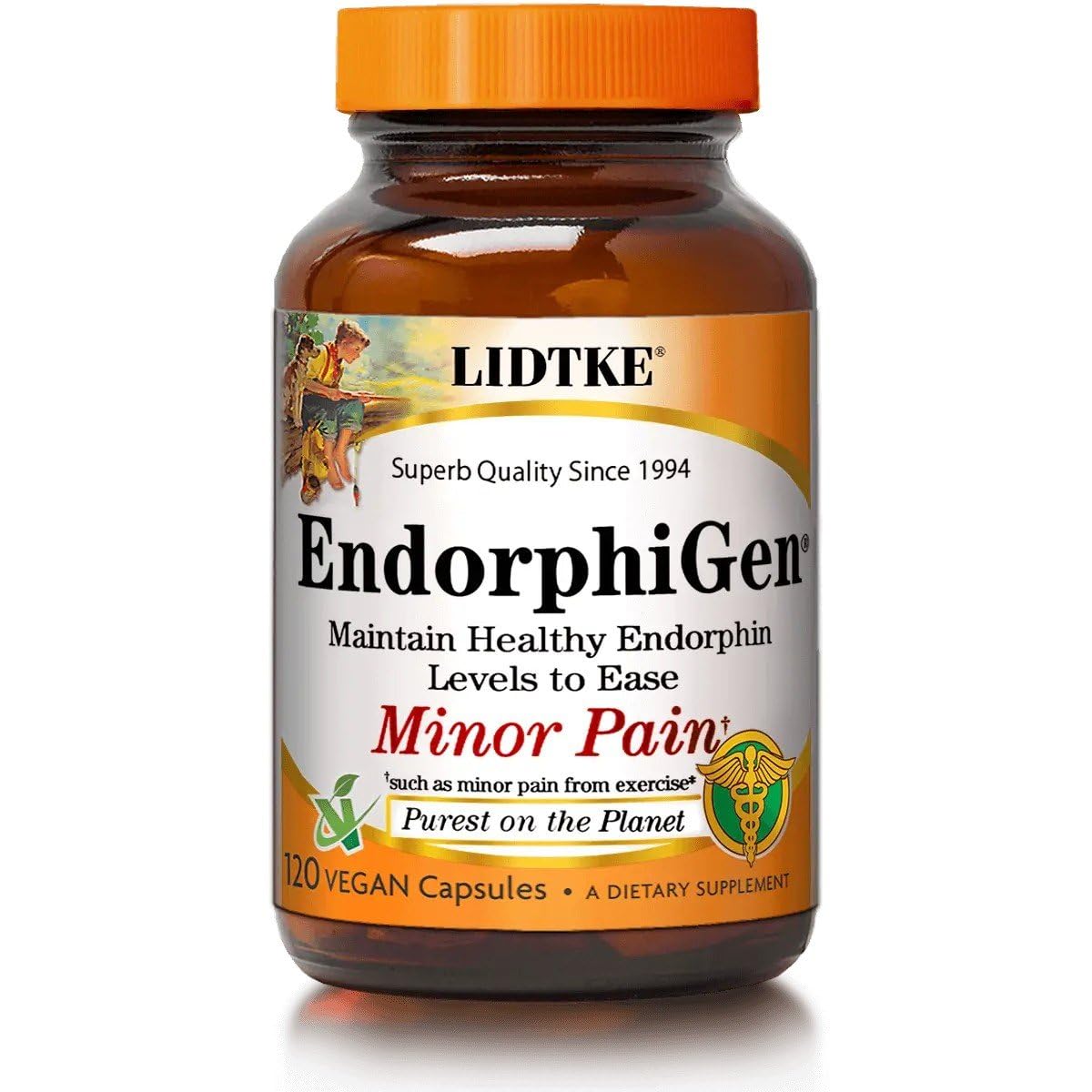 Lidtke Endorphigen cápsulas en botella frontal para bienestar diario.