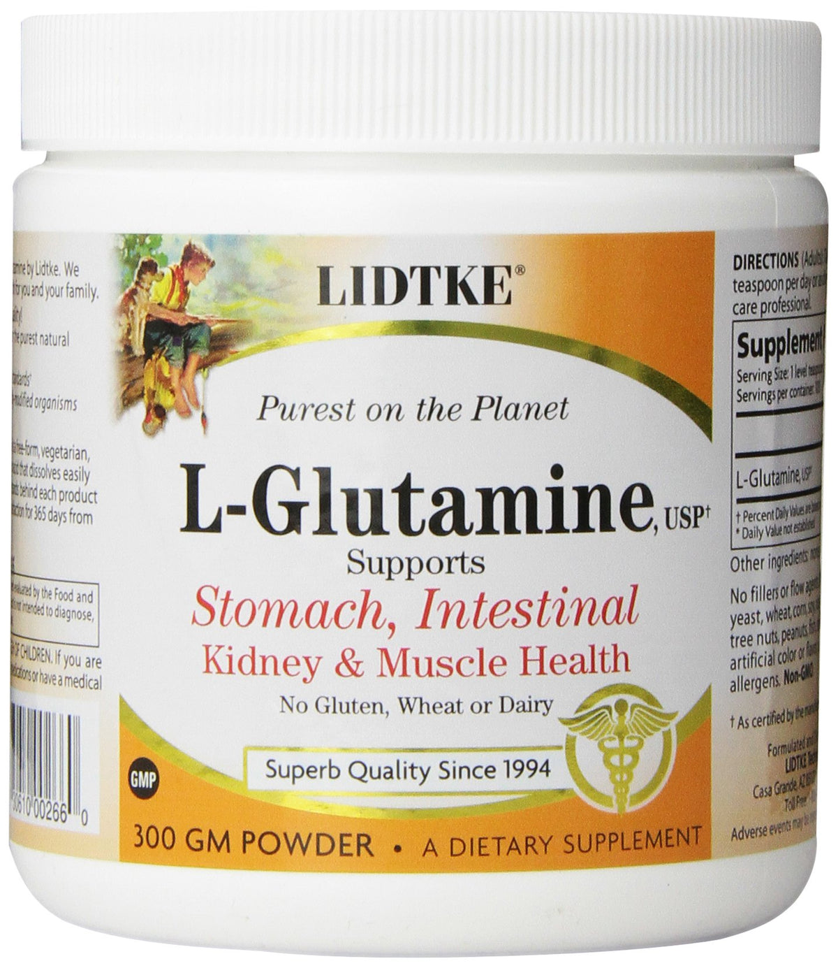 Lidtke L-Glutamina envase frontal, apoyo diario para energía mental.