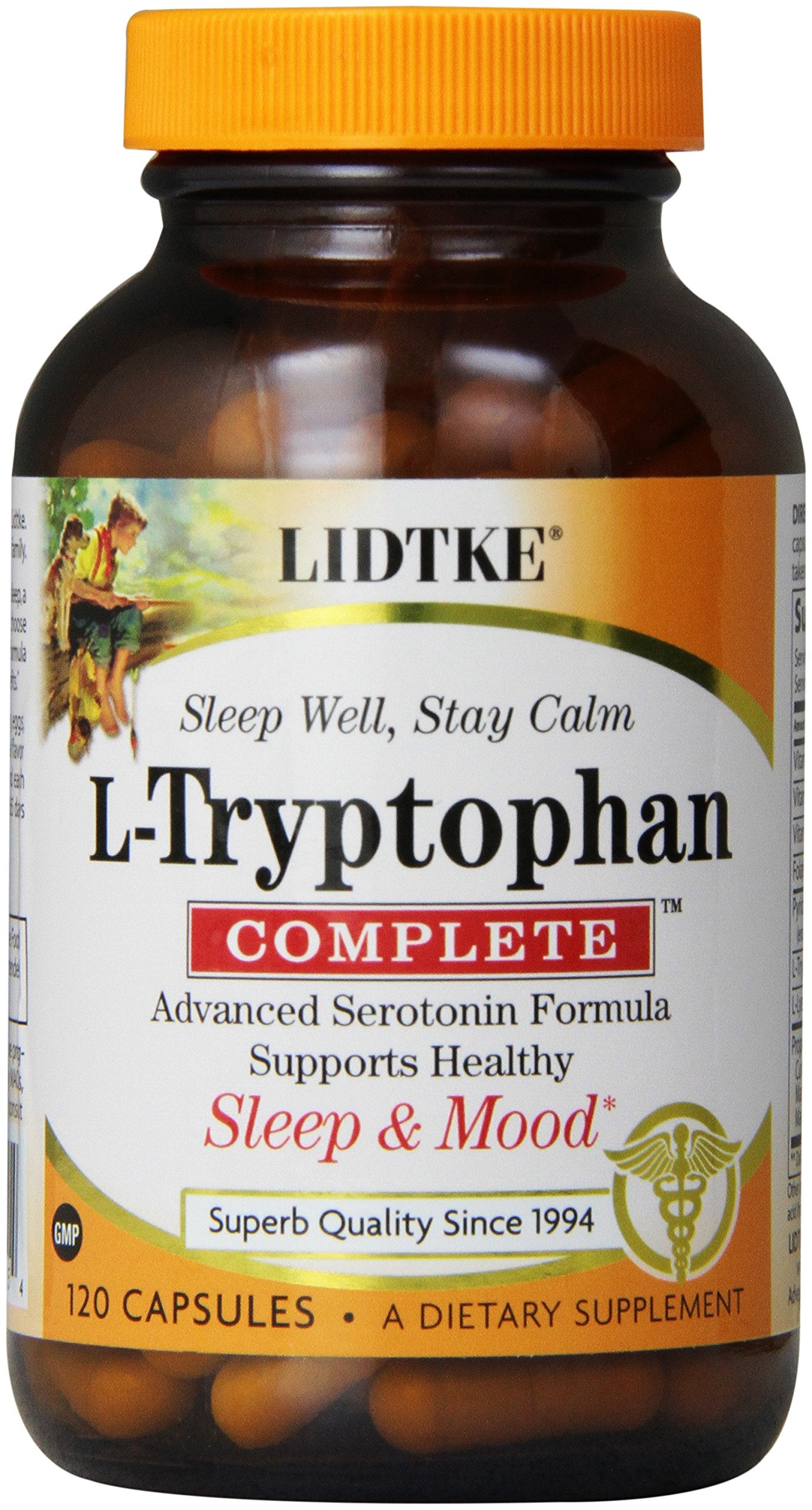 Lidtke L-triptofano Complete, botella en primer plano, posible apoyo al equilibrio diario.