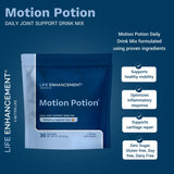 Life Enhancement Motion Potion etiqueta clara con indicaciones de uso.