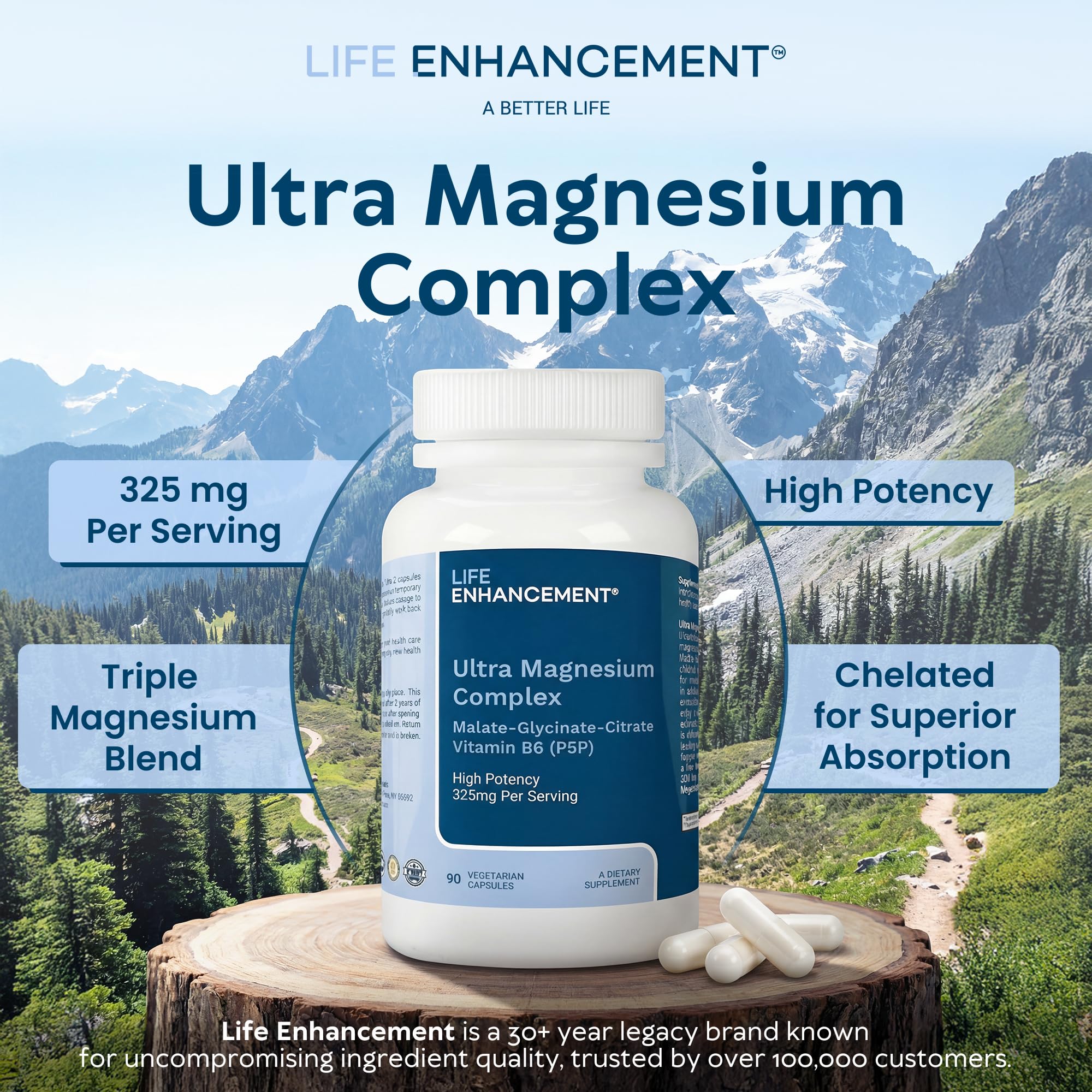 Life Enhancement Ultra Triple Magnesio Complejo cápsulas visibles: dosis diaria para soporte muscular y nervioso.