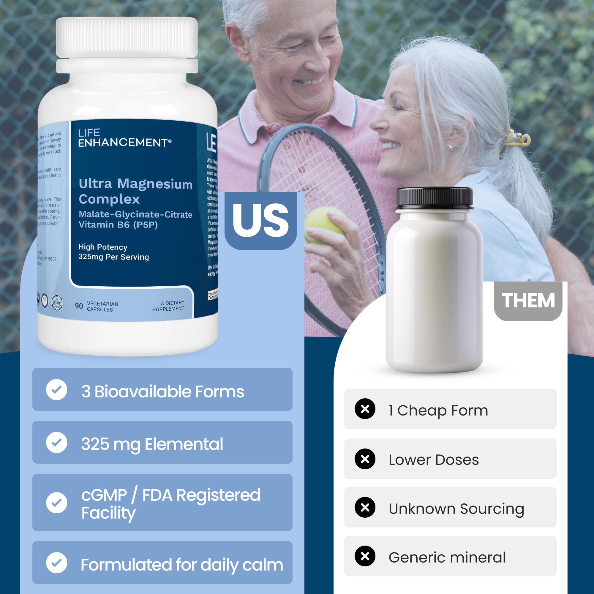Life Enhancement Ultra Triple Magnesio Complejo dosis diaria destacada: fácil ingerir y sentir energía.