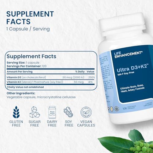 Life Enhancement Vitamin D3 K2 – botella de 120 cápsulas para uso diario.