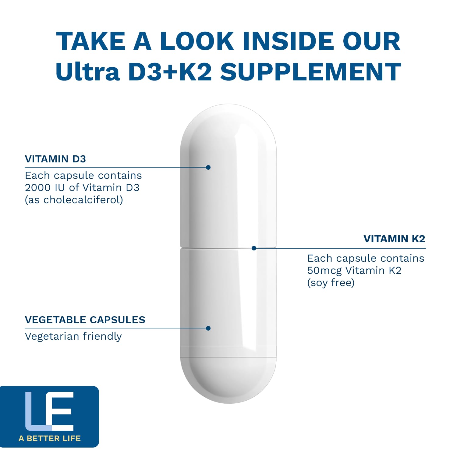 Life Enhancement Vitamin D3 K2 – formato vegetariano para consumo diario y energía.
