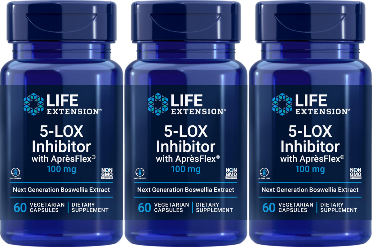 Life Extension 5-LOX inhibidor con AprèsFlex en cápsulas vegetarianas para apoyo al bienestar diario.