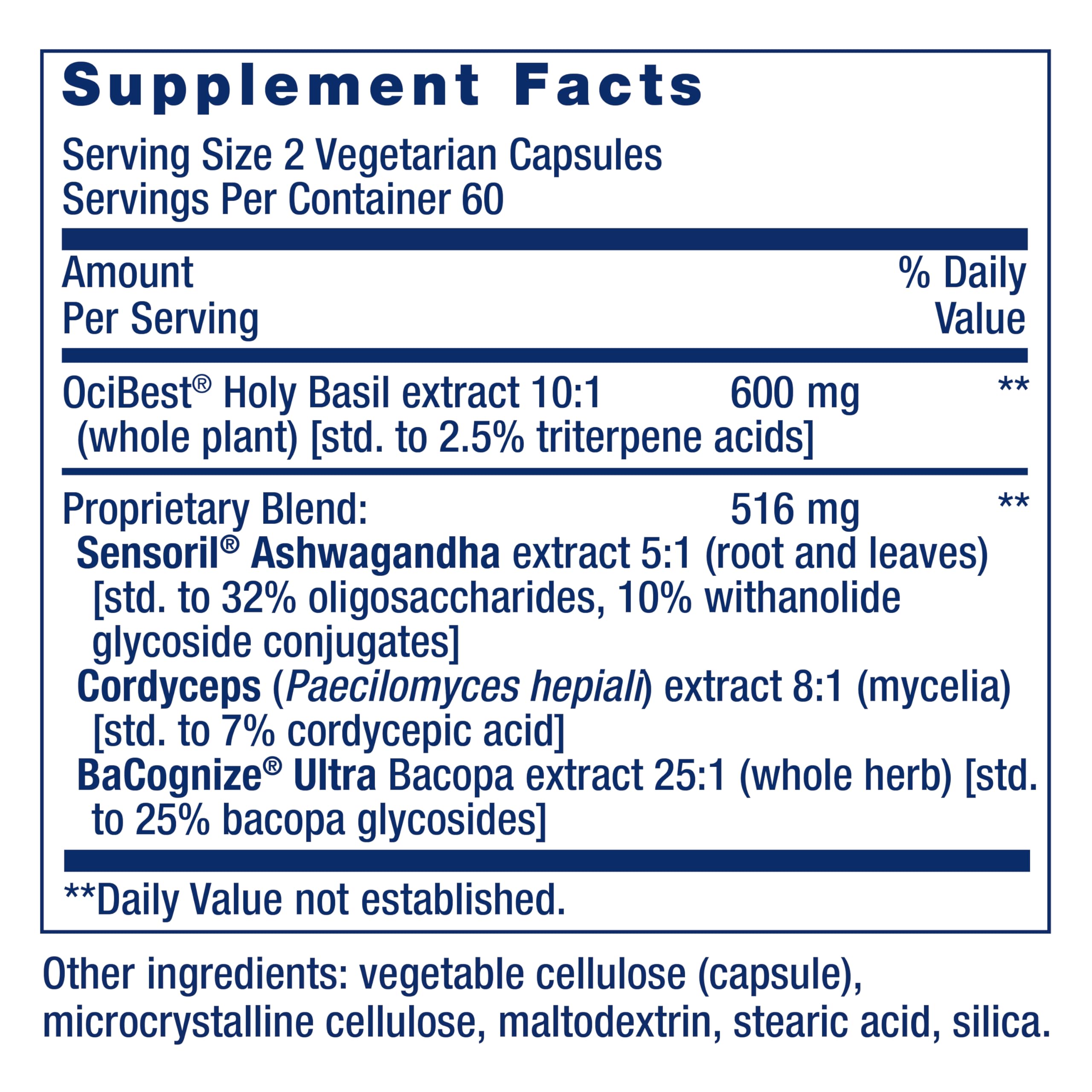 Life Extension Adrenal Energy: ingredientes clave como ashwagandha y bacopa para apoyo cognitivo