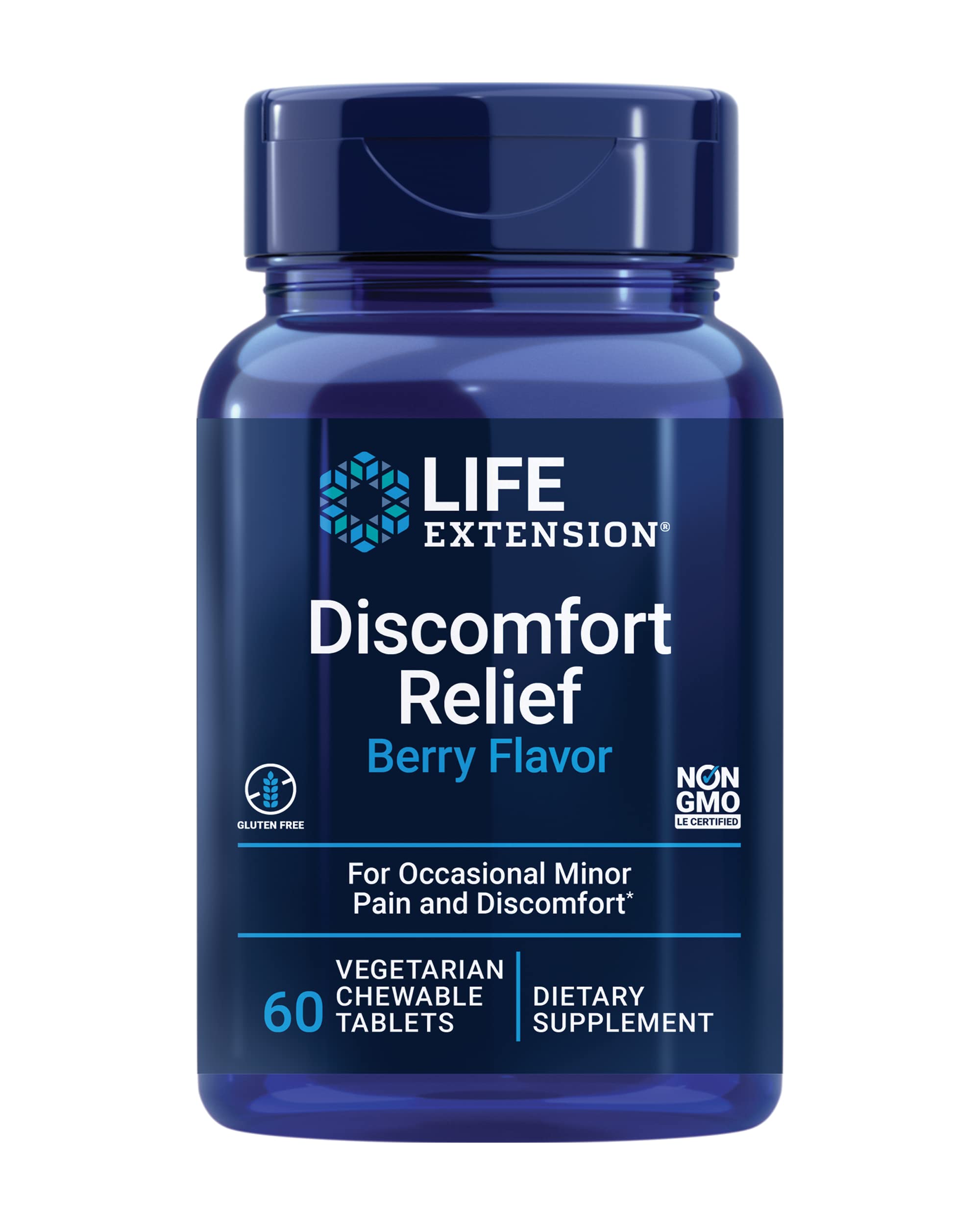 Life Extension palmitoiletanolamida: botella de tabletas sabor bayas para comodidad diaria.