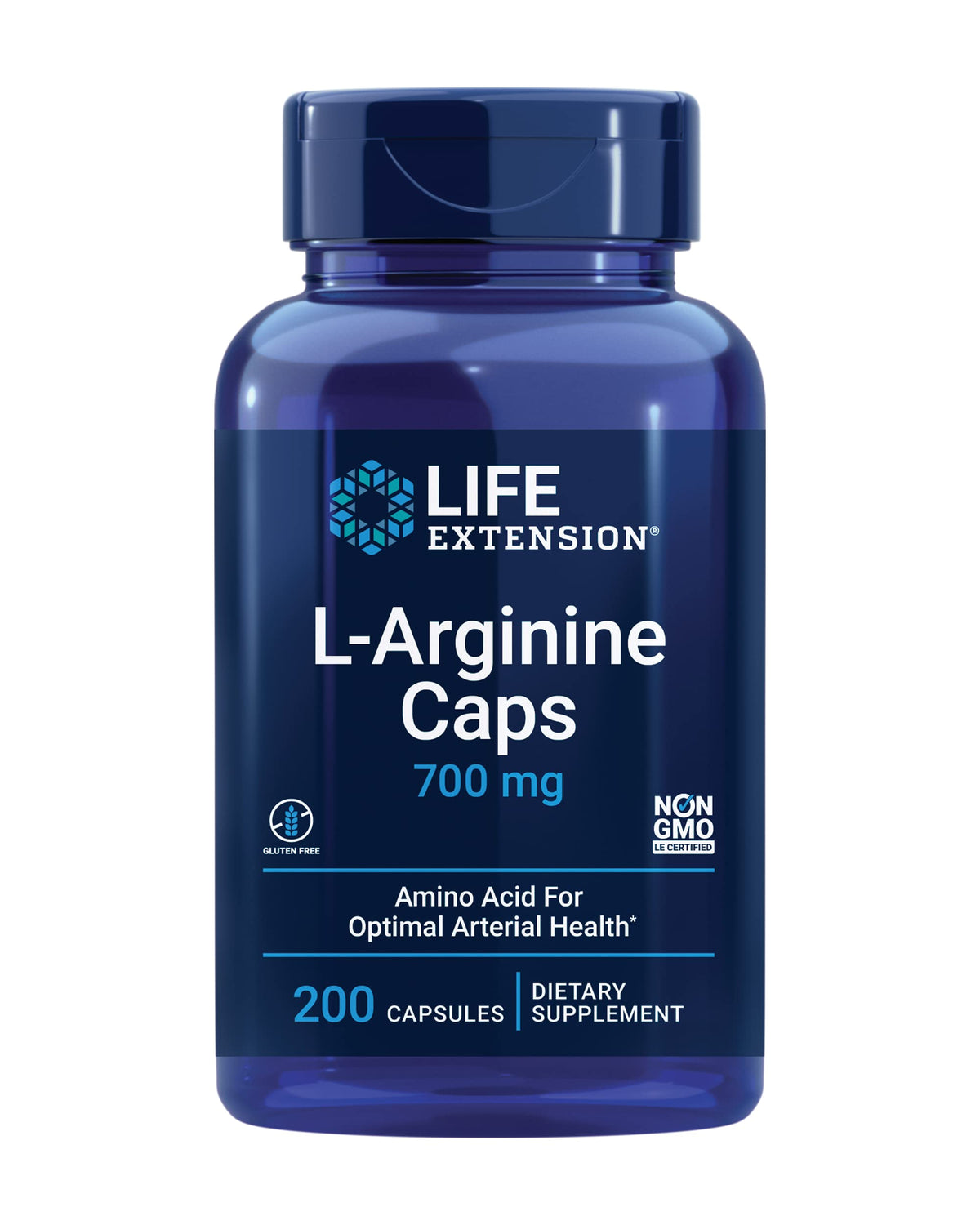 Life Extension L-arginina Caps: botella con cápsulas para apoyar la salud arterial.