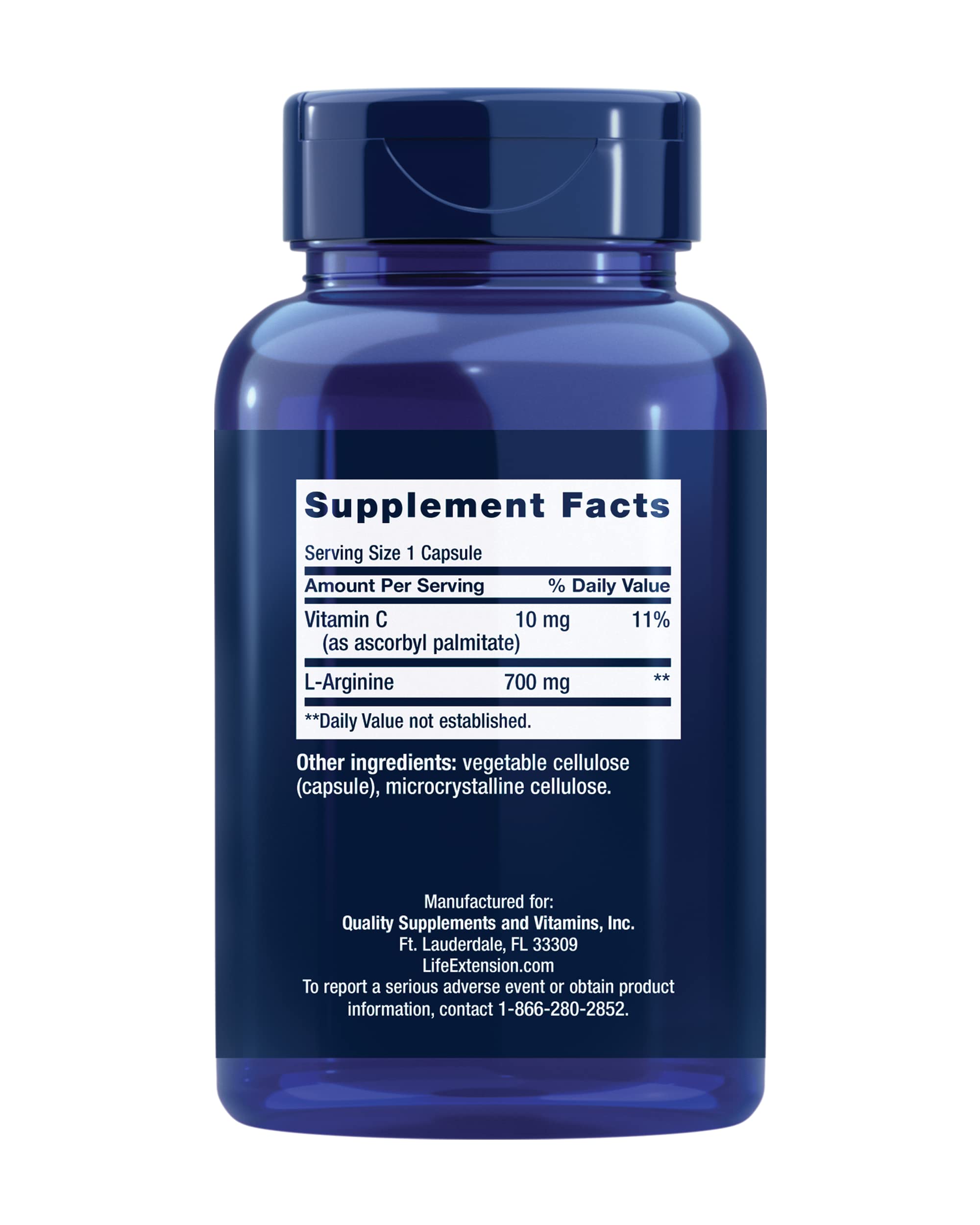 Life Extension L-arginina Caps: etiqueta detallada con ingredientes clave.