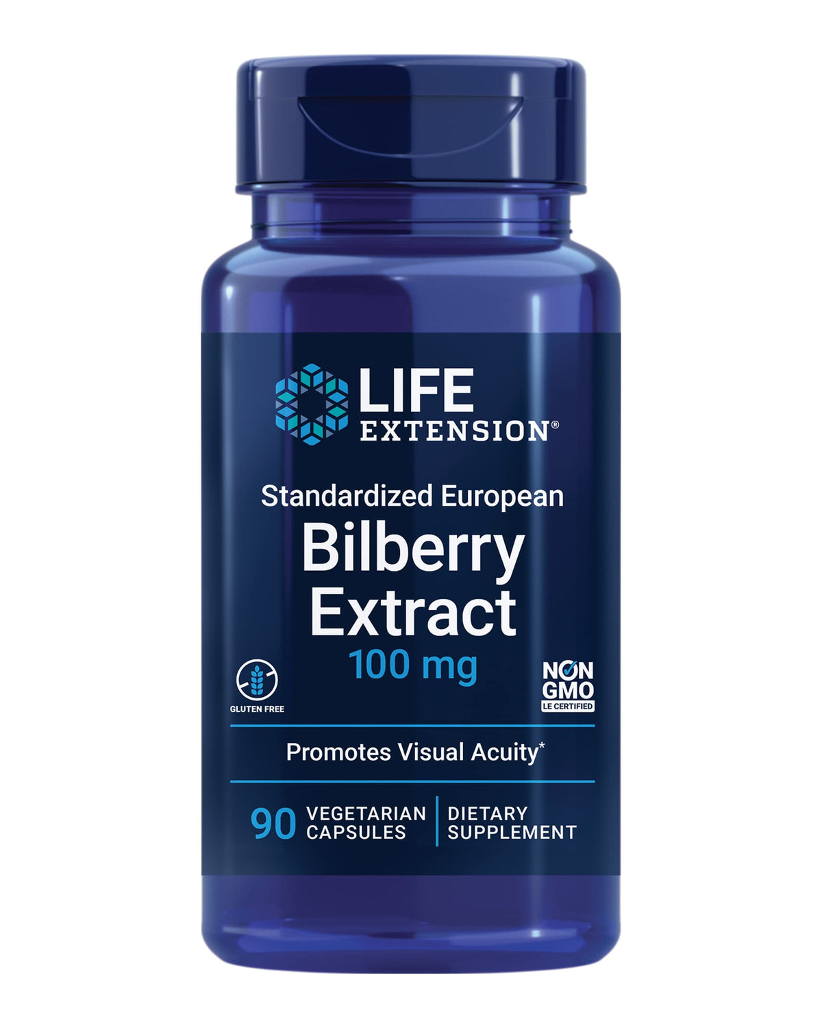 Life Extension Bilberry Extract: botella con cápsulas para comodidad visual diaria.