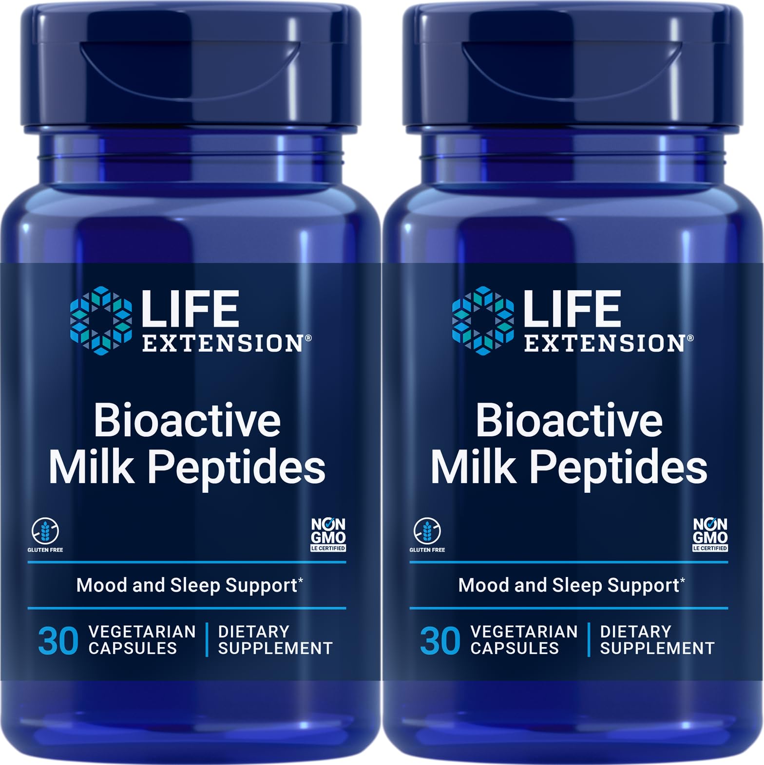 Life Extension Bioactive Milk Peptides en envase, posible apoyo al bienestar y relajación.