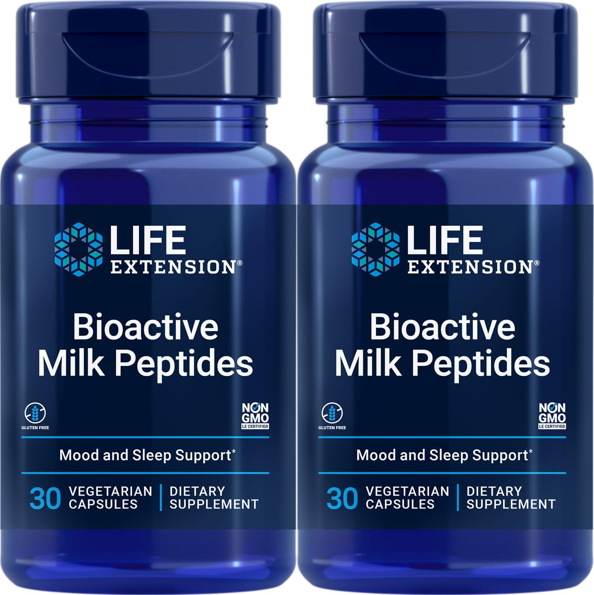 Life Extension Bioactive Milk Peptides en envase, posible apoyo al bienestar y relajación.