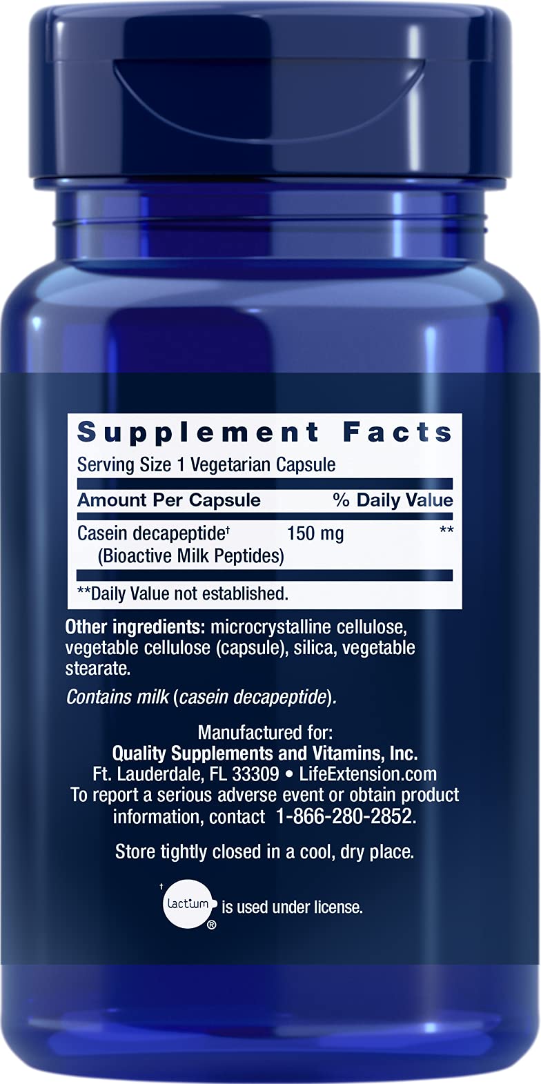 Life Extension Bioactive Milk Peptides en etiqueta, útil para relajación nocturna.