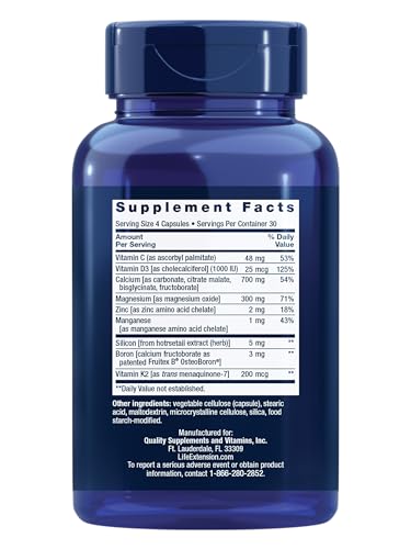 Life Extension Bone Restore etiqueta visible que resalta calcio y vitaminas