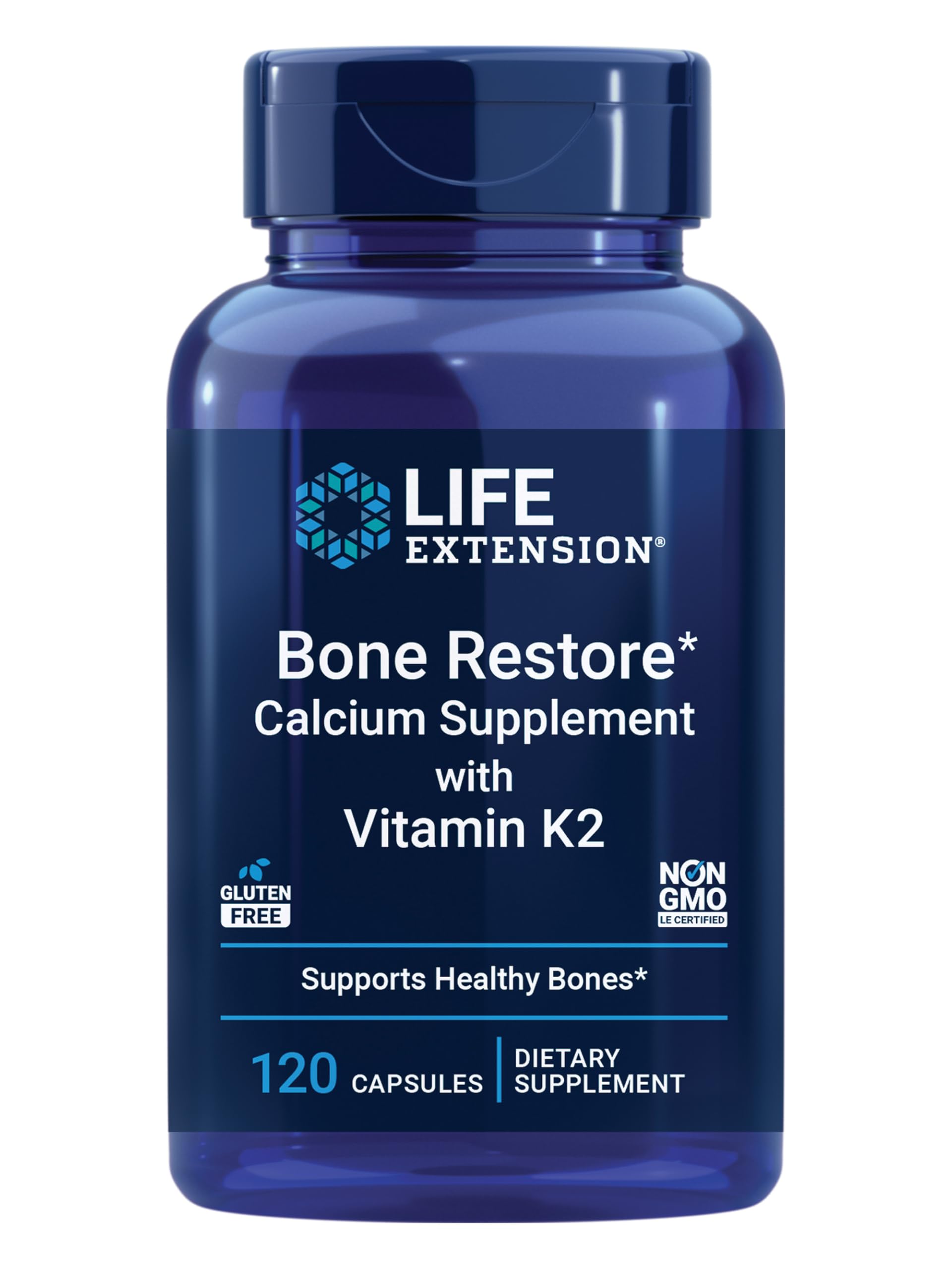 Life Extension Bone Restore muestra la botella frontal para apoyar huesos fuertes