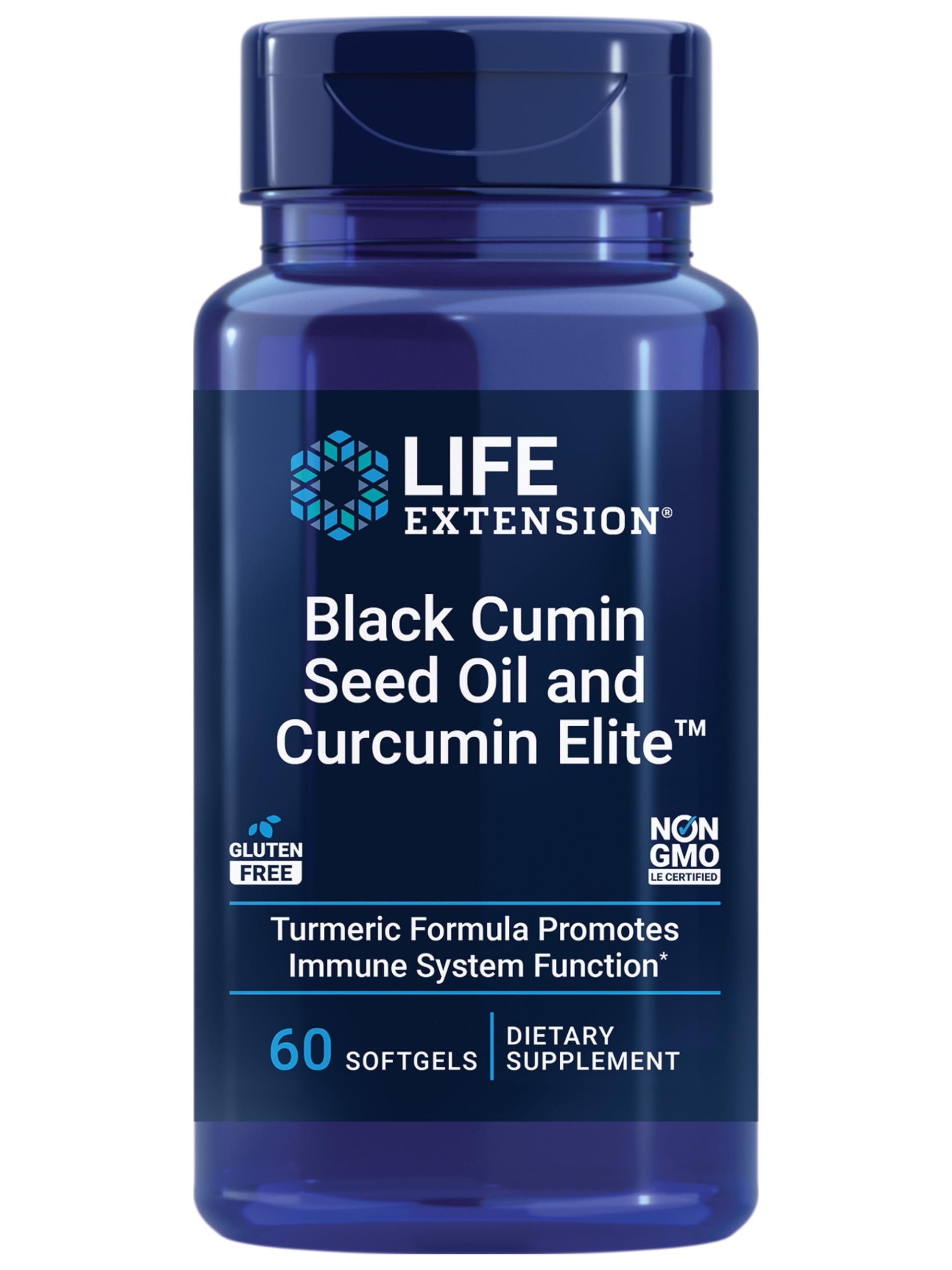 Life Extension: botella con aceite de comino negro y curcumina Elite para uso diario.