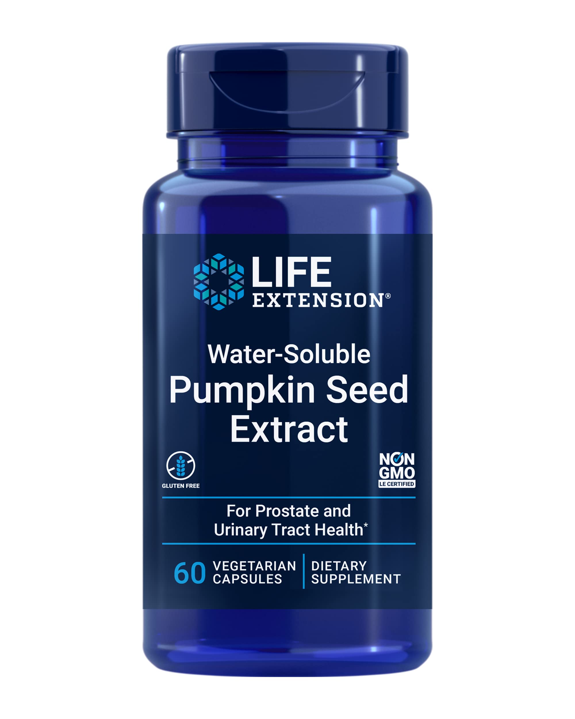 Life Extension botella de extracto soluble de semilla de calabaza, posible apoyo a la salud urinaria.