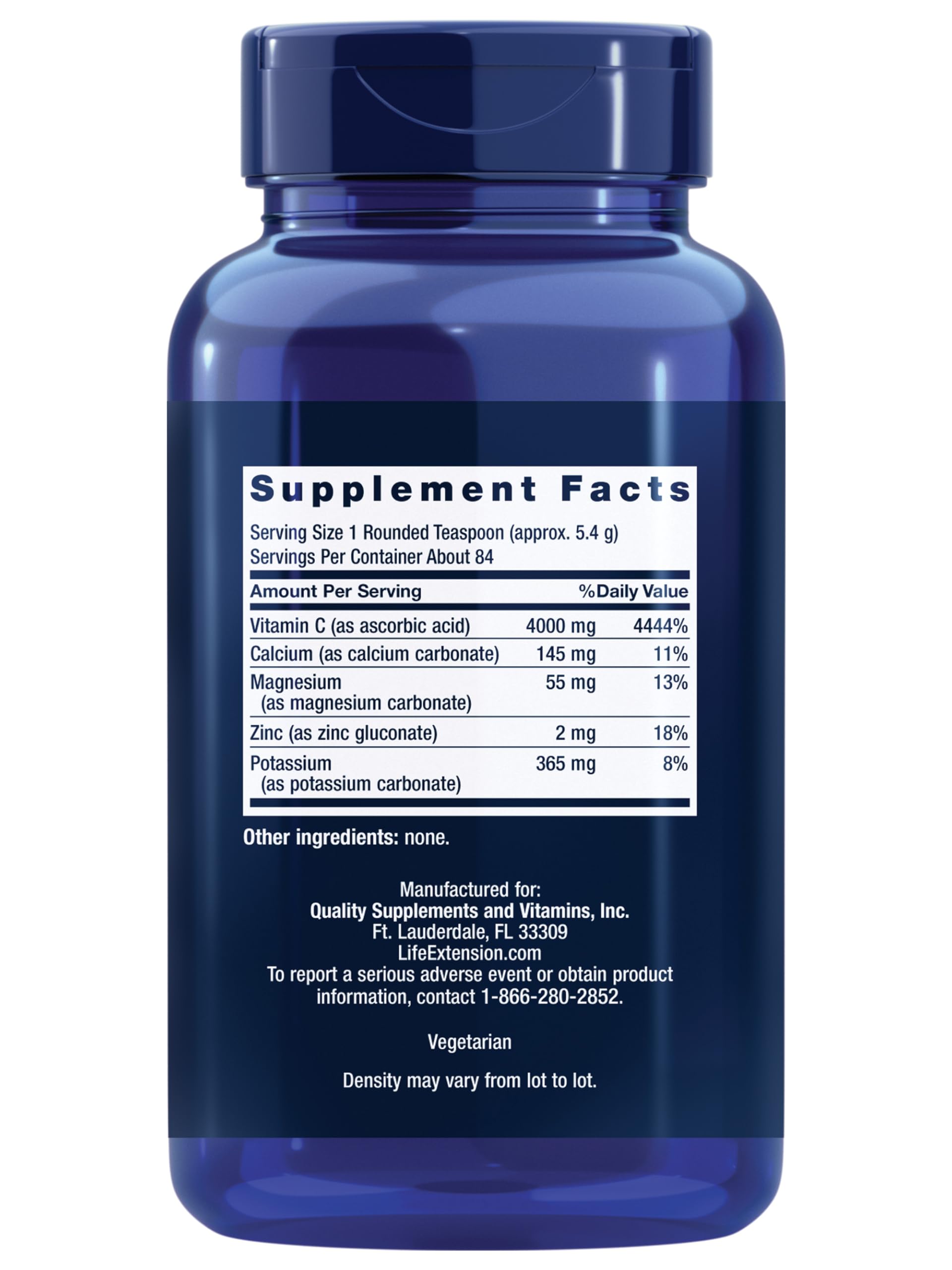 Life Extension Buffered Vitamin C Powder con cucharita medidora, facilita dosis diaria.