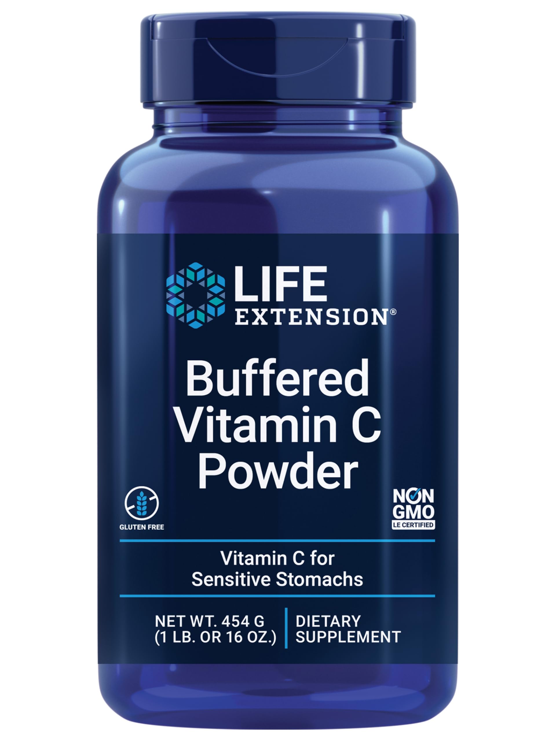 Life Extension Buffered Vitamin C Powder en envase, polvo fino diseñado para estómagos sensibles.