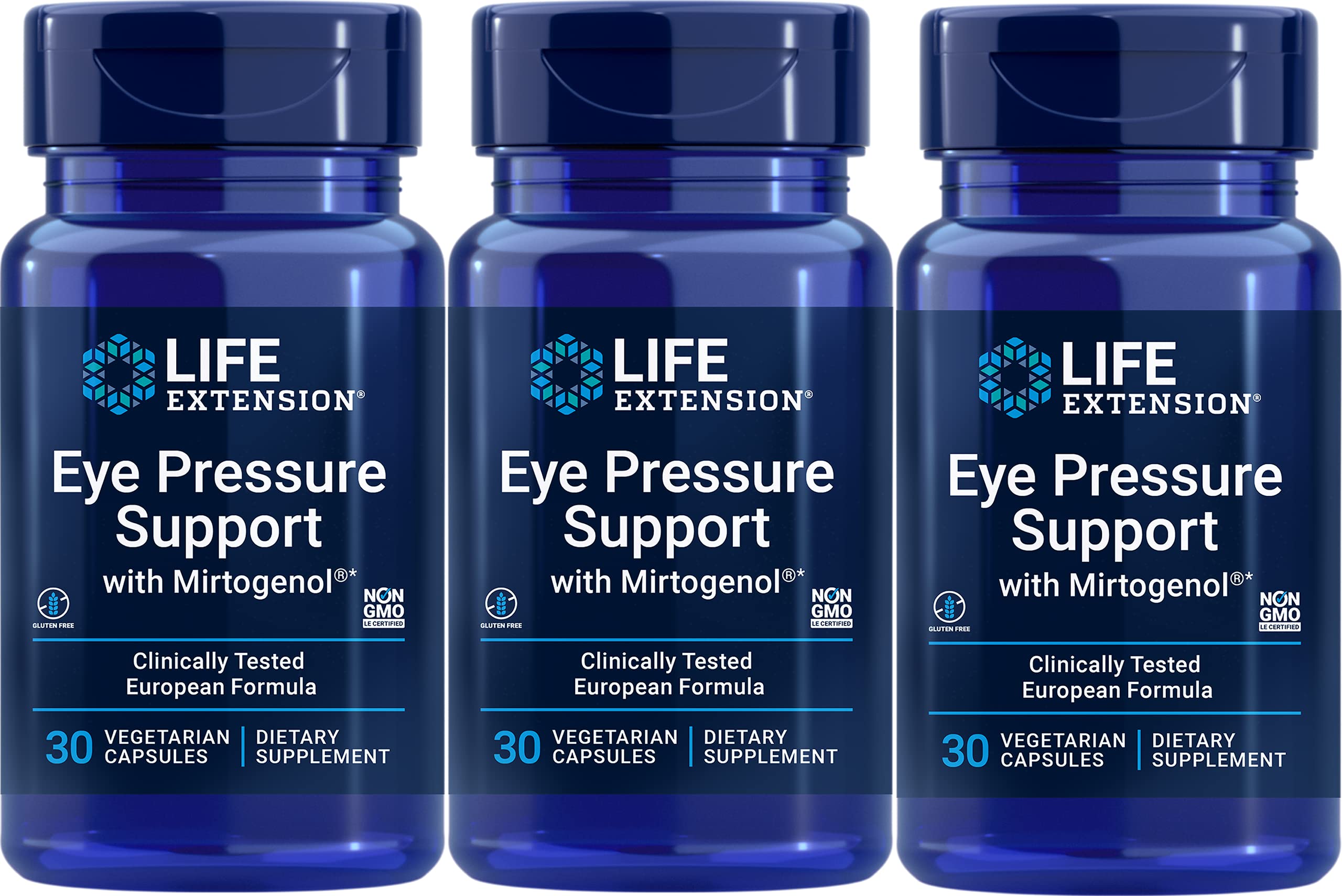 Presentación triple Life Extension Eye Pressure Support, caja visible para organización.