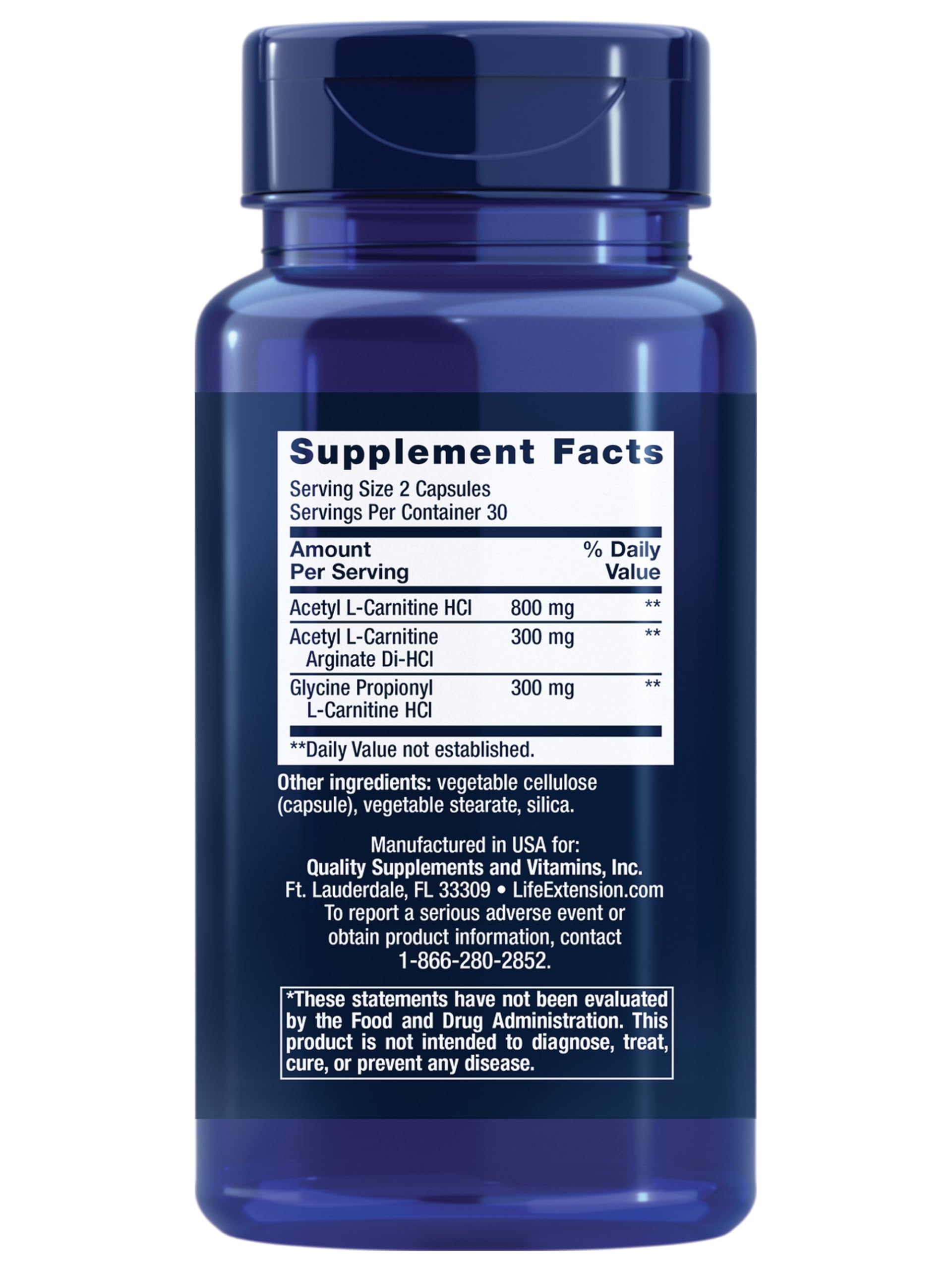 Life Extension Optimized Carnitine: etiqueta con información de ingredientes de calidad