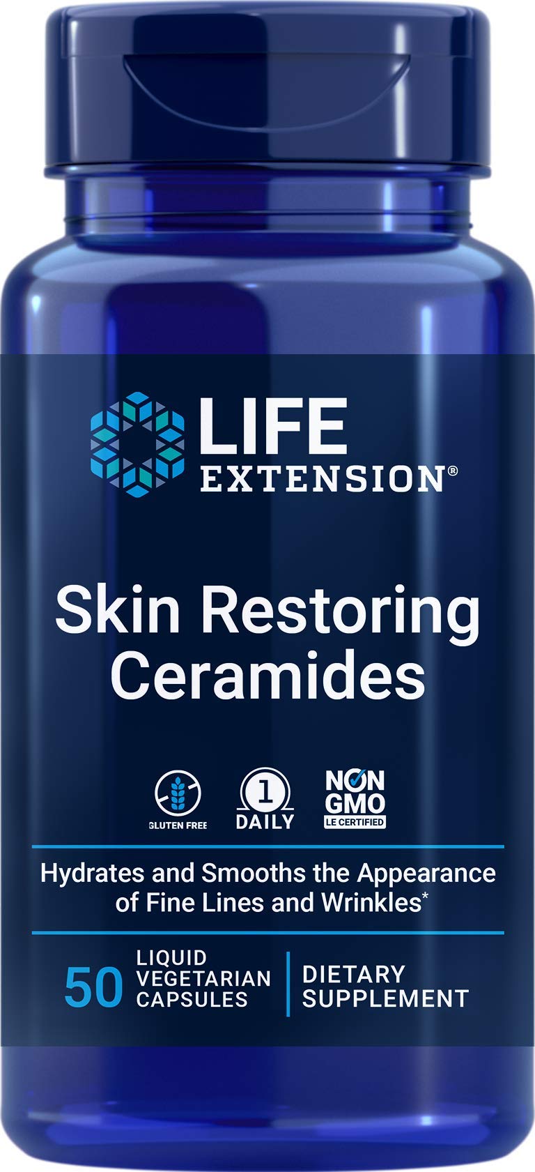 Ceramidas restauradoras Life Extension en botella, hidratan la piel desde el interior.