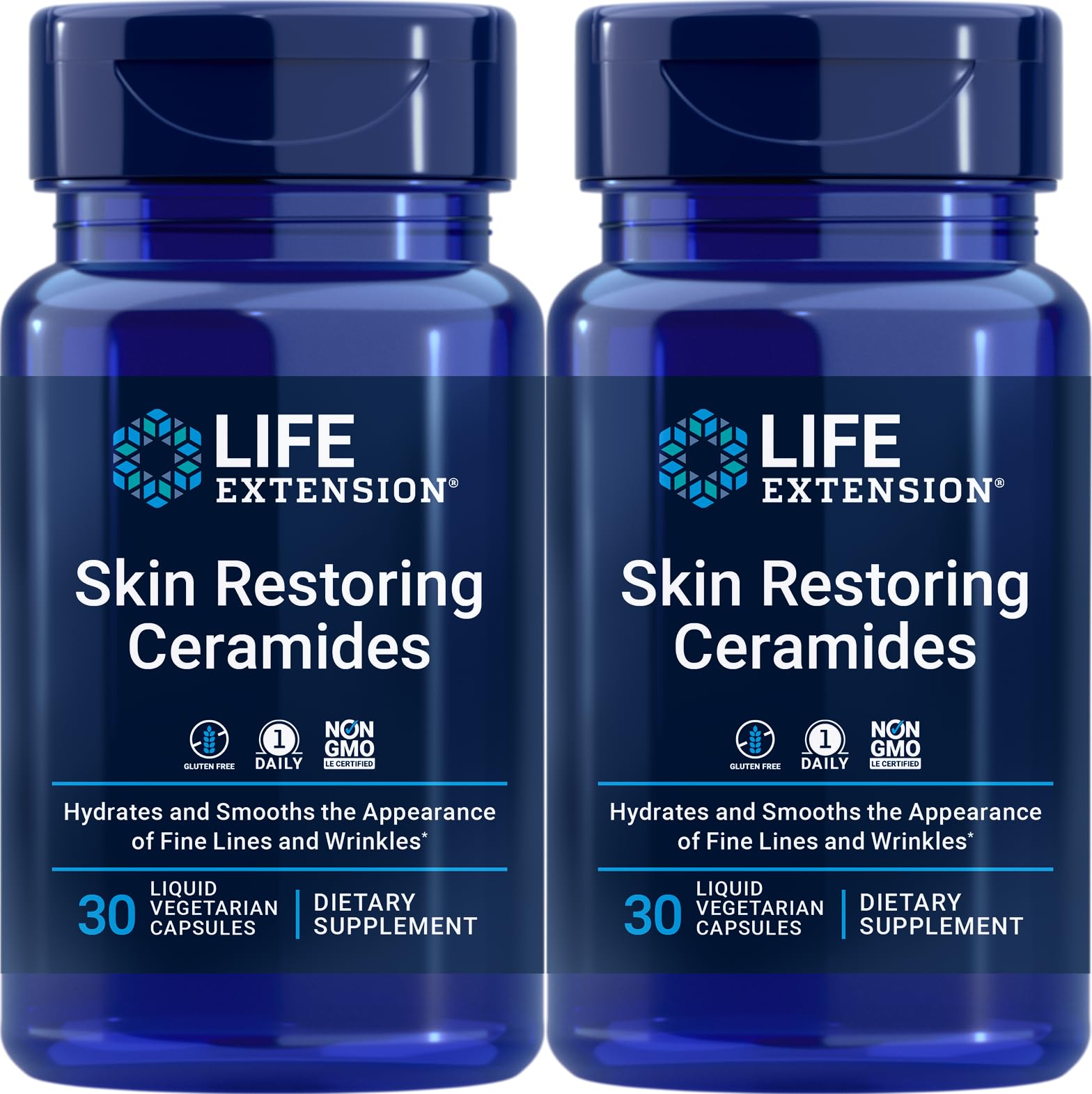 Life Extension ceramidas restauradoras de piel, imagen frontal, cápsulas líquidas para hidratación diaria.