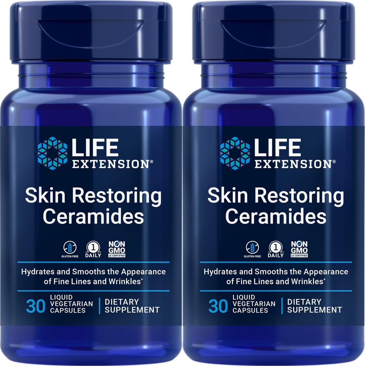 Life Extension ceramidas restauradoras de piel, imagen frontal, cápsulas líquidas para hidratación diaria.