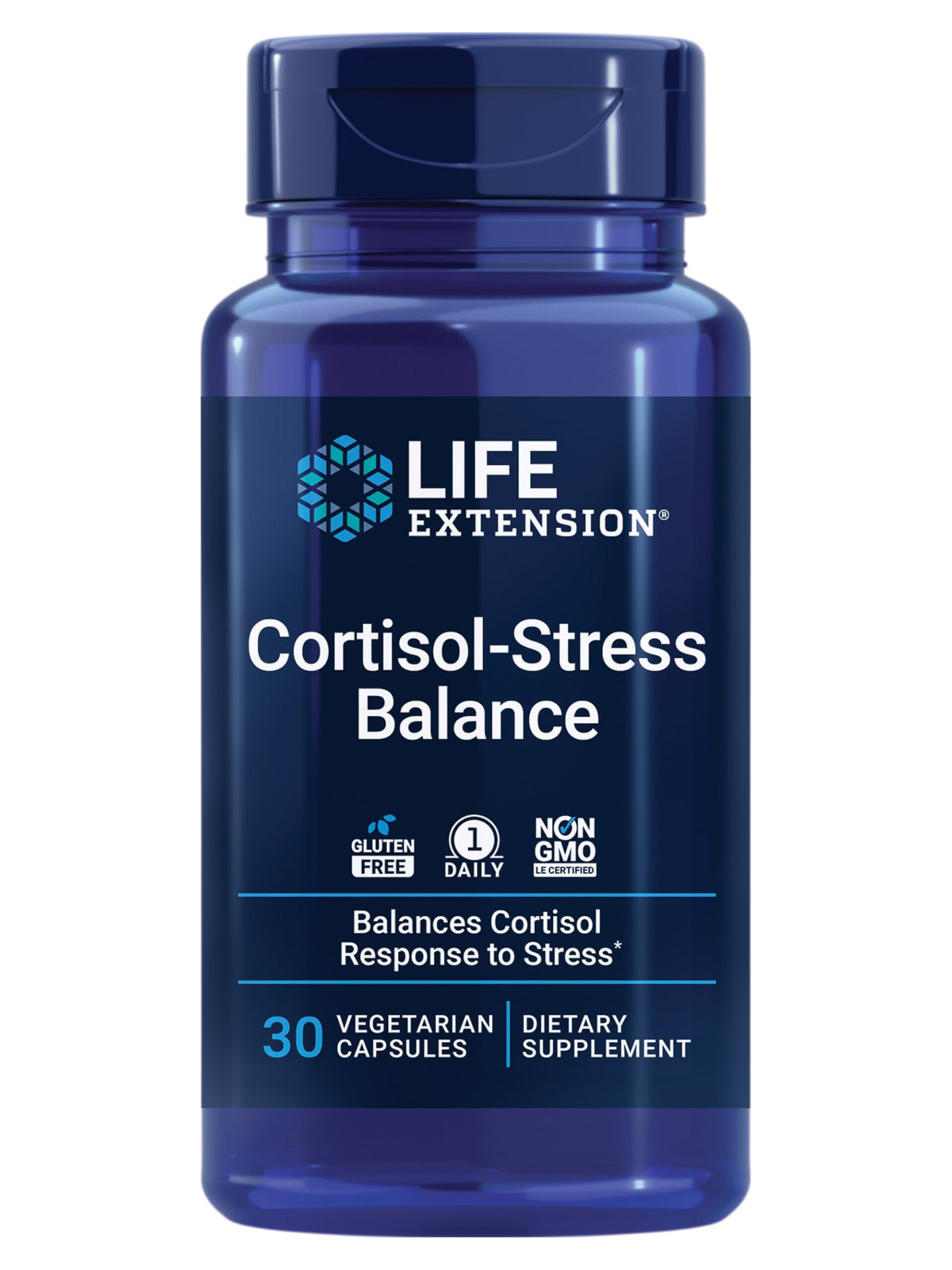 Life Extension Cortisol-Stress Balance: botella para apoyo diario al equilibrio del cortisol.