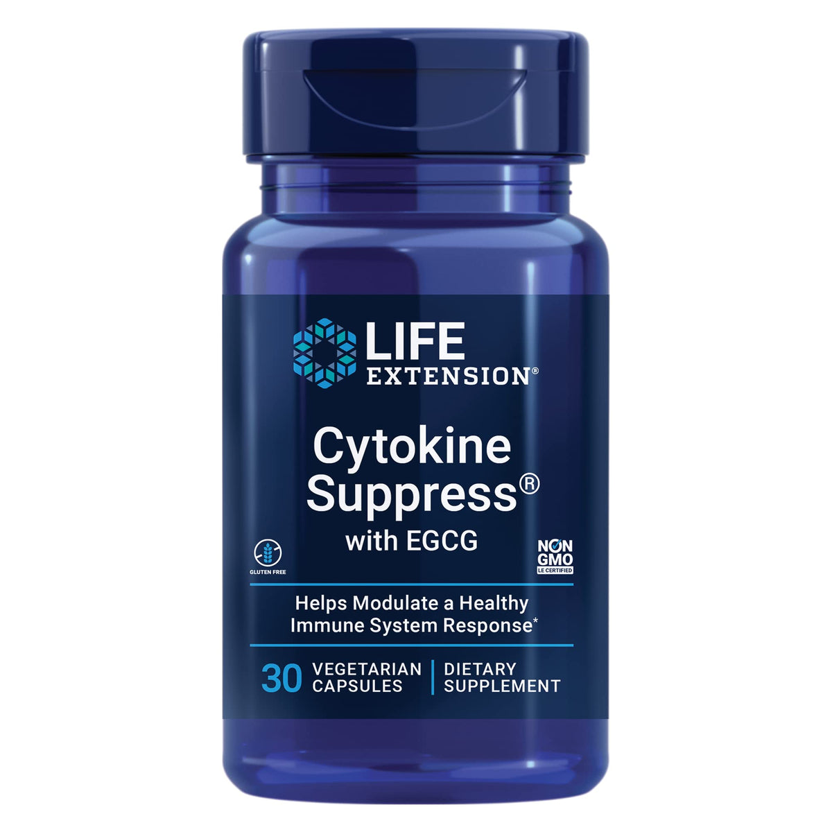Life Extension Cytokine Suppress, botella, posible apoyo al equilibrio de citocinas