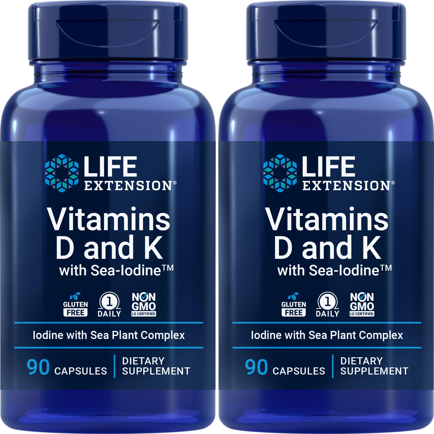 Vitaminas Life Extension D y K Sea-Iodine, cápsulas en botella, posible apoyo a un estilo de vida saludable.