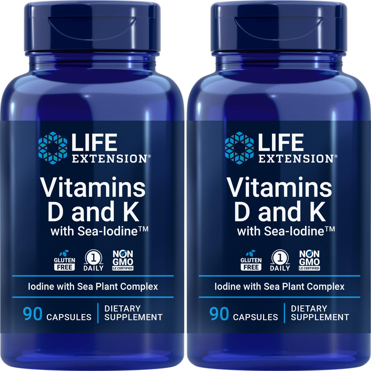 Vitaminas Life Extension D y K Sea-Iodine, cápsulas en botella, posible apoyo a un estilo de vida saludable.