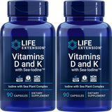 Vitaminas Life Extension D y K Sea-Iodine, cápsulas en botella, posible apoyo a un estilo de vida saludable.
