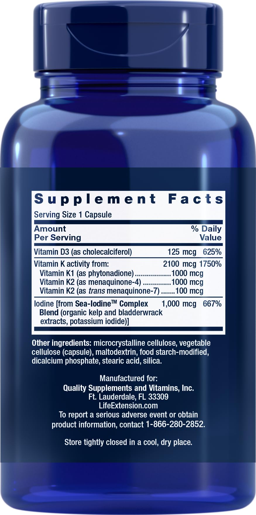 Vitaminas Life Extension D y K Sea-Iodine, cápsulas en primer plano, uso diario recomendado.