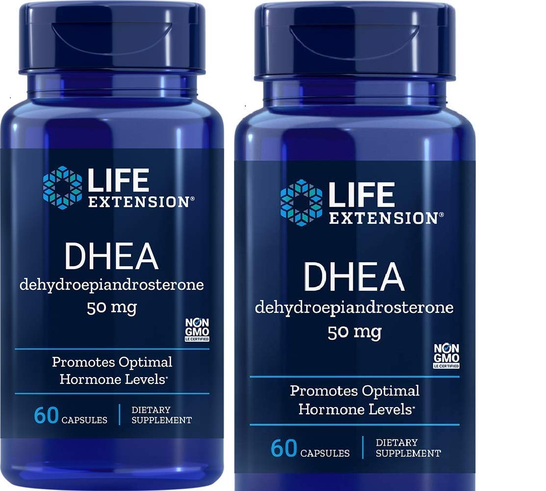 Life Extension DHEA 50 mg, botella frontal, apoyo suave para el equilibrio hormonal.