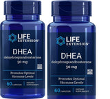 Life Extension DHEA 50 mg, botella frontal, apoyo suave para el equilibrio hormonal.