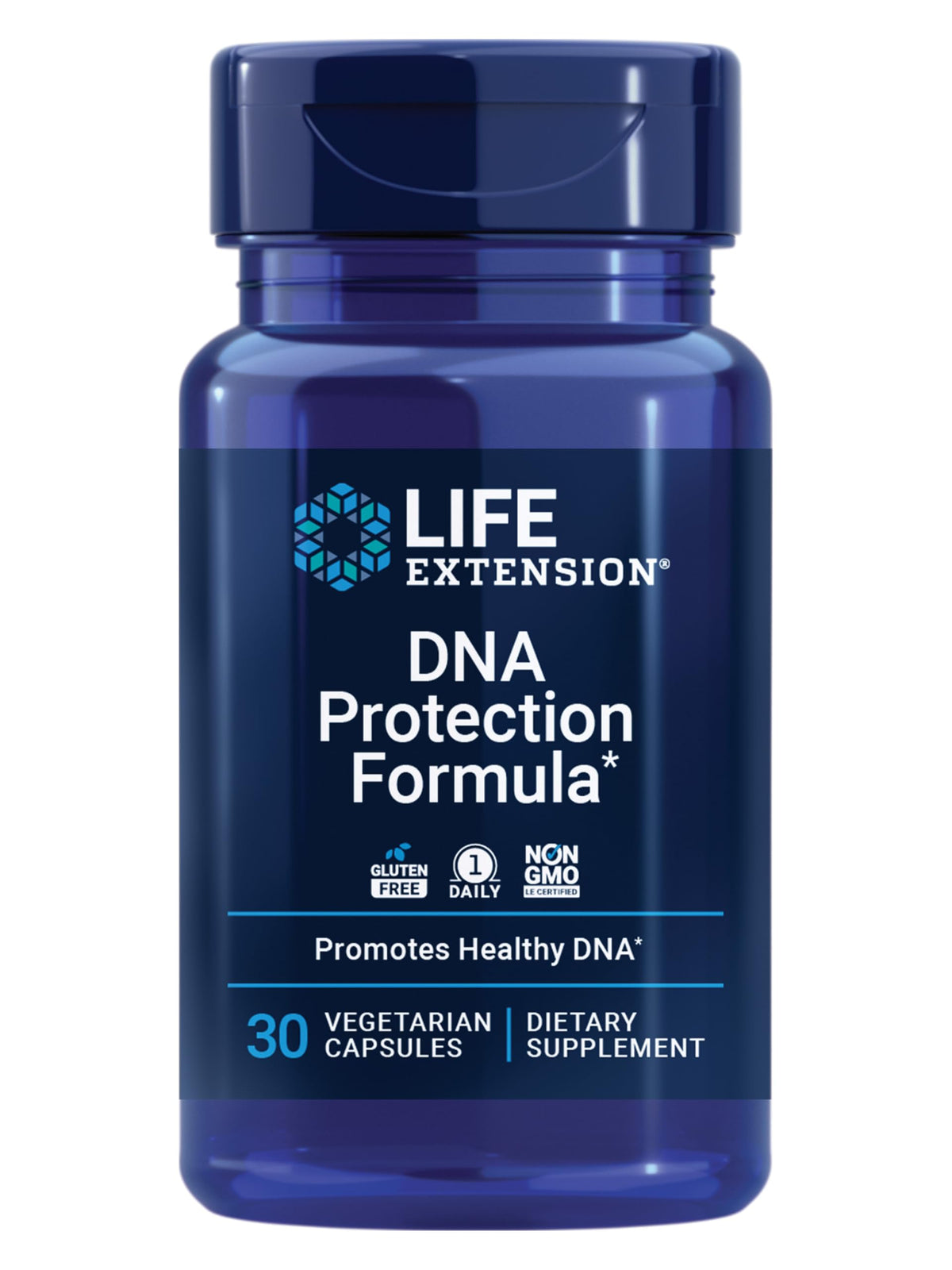 Life Extension DNA Protection Formula, botella: apoyo diario a la salud celular.