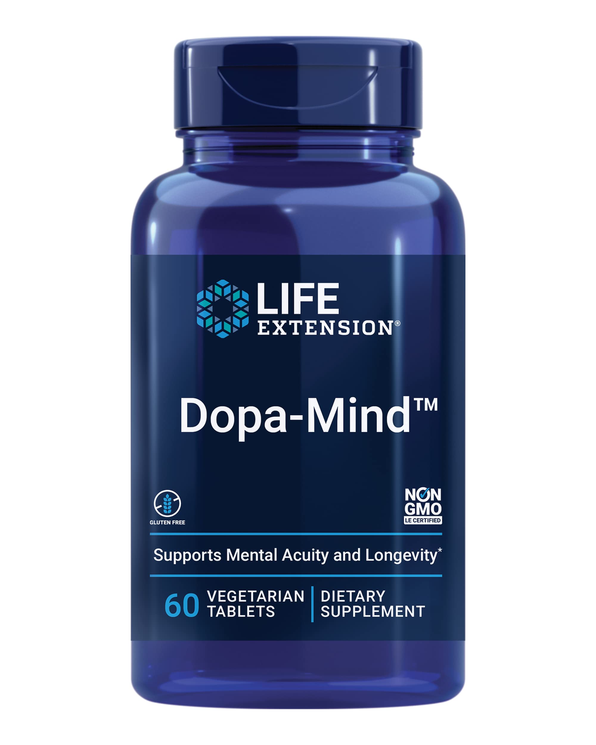 Life Extension Dopa-Mind botella con tabletas para soporte cognitivo diario.