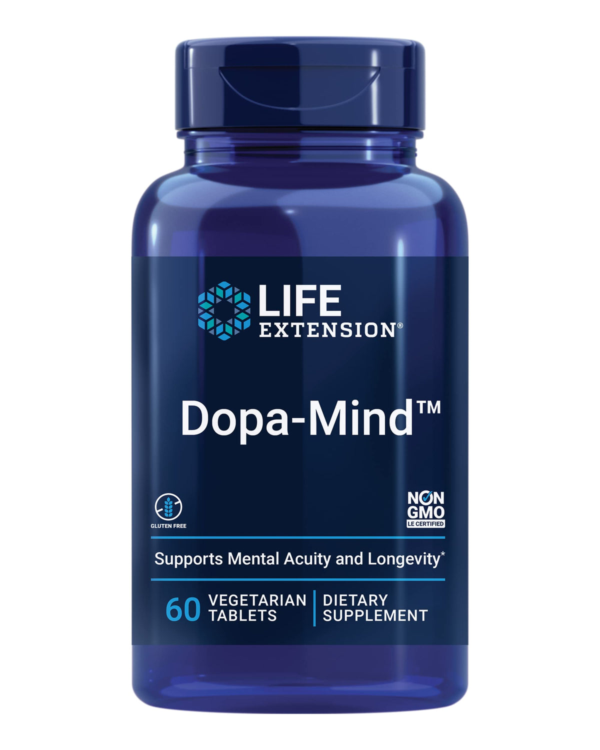 Life Extension Dopa-Mind botella con tabletas para soporte cognitivo diario.