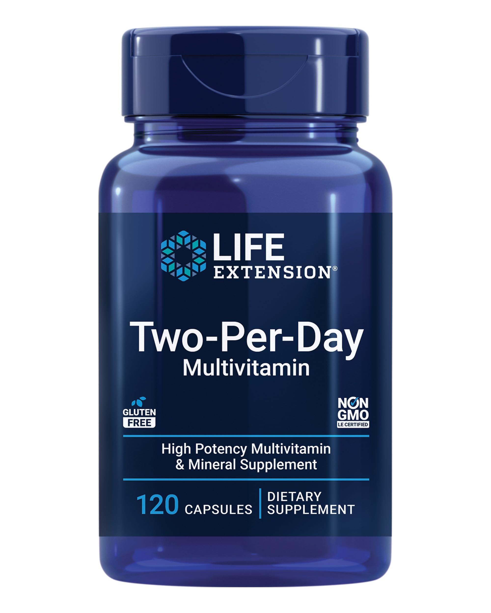 Life Extension Dos Por Día Multivitamínico: botella visible para uso diario.