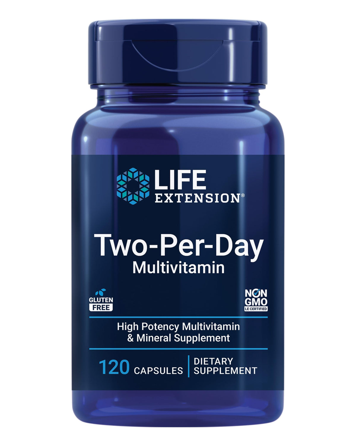 Life Extension Dos Por Día Multivitamínico: botella visible para uso diario.