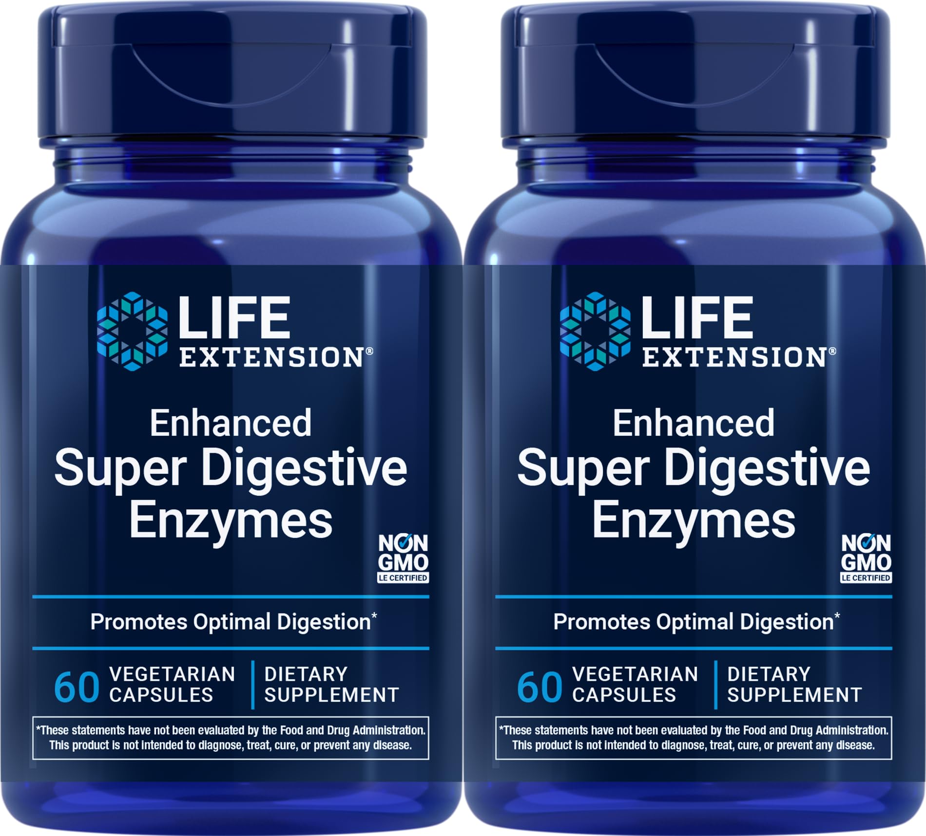 Life Extension Enhanced Super Digestive Enzymes frasco frontal, apoyo digestivo para proteínas y grasas.