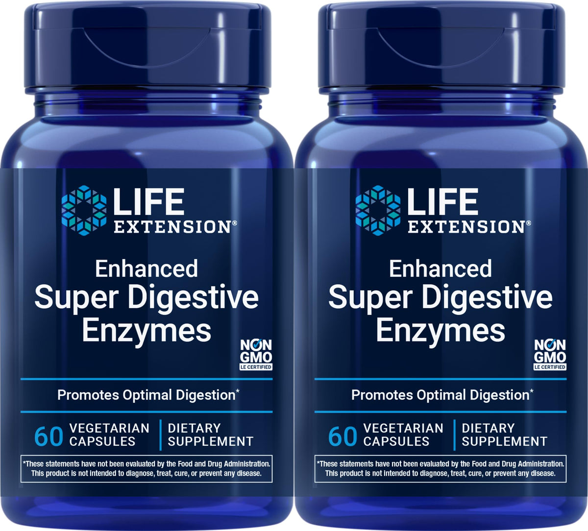 Life Extension Enhanced Super Digestive Enzymes frasco frontal, apoyo digestivo para proteínas y grasas.