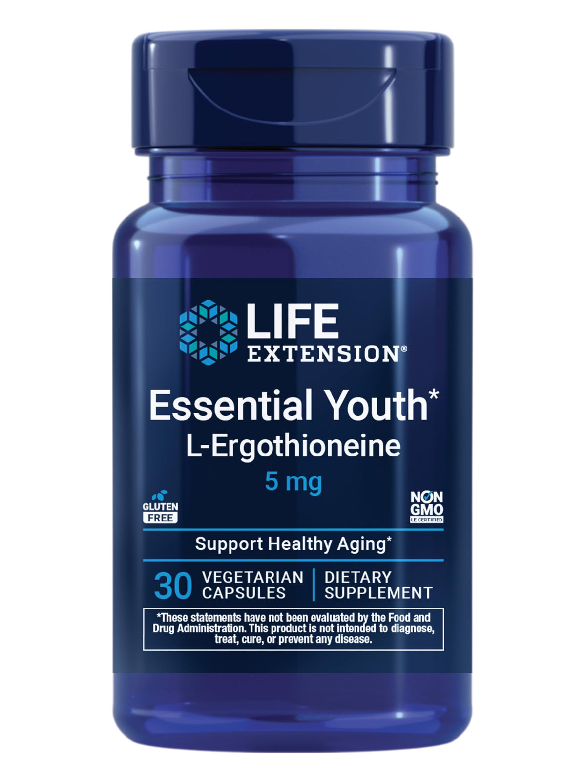 Life Extension Essential Youth L-Ergothioneína en botella, posible apoyo a la salud general.