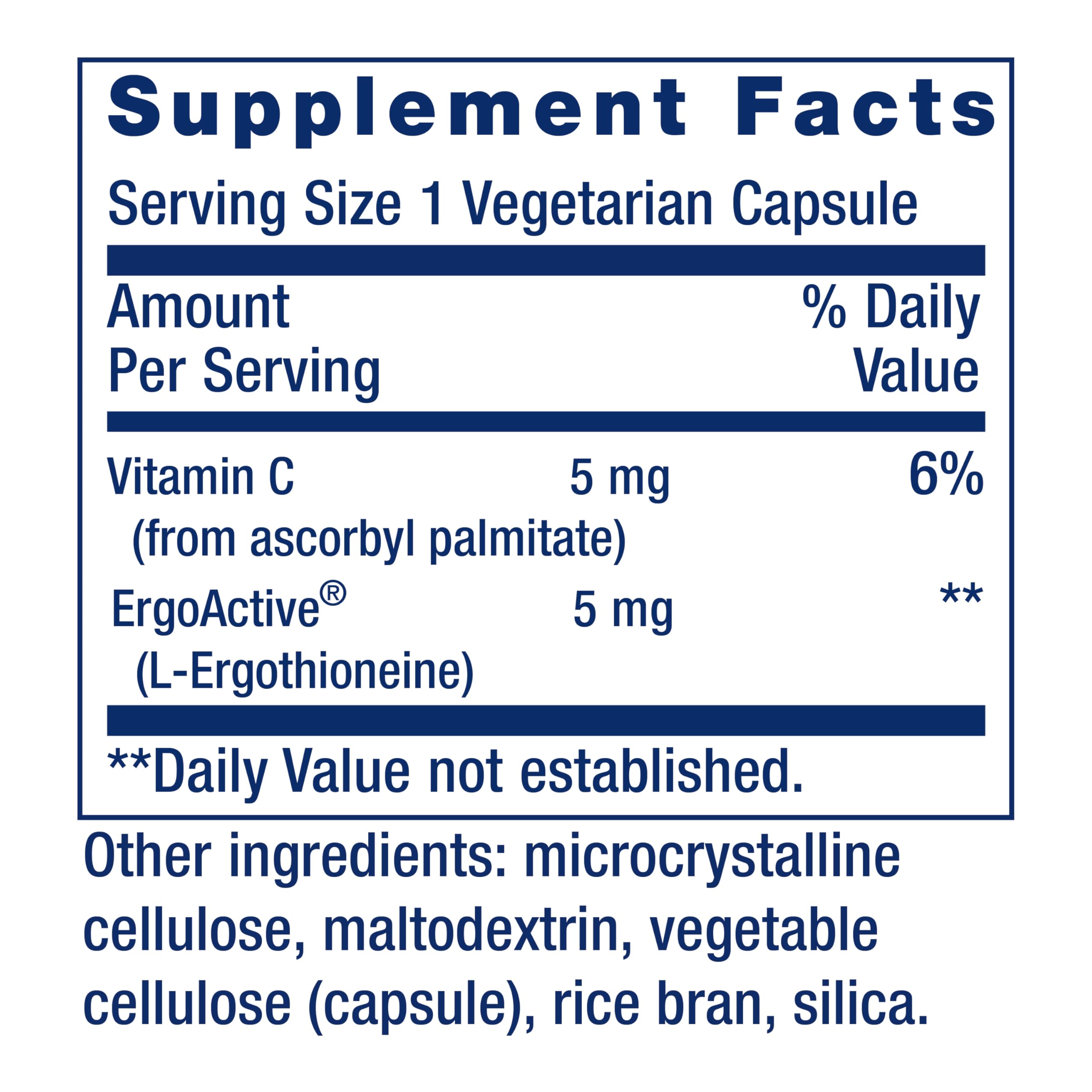 Life Extension Essential Youth L-Ergothioneína etiqueta, información de ingredientes de alta pureza.