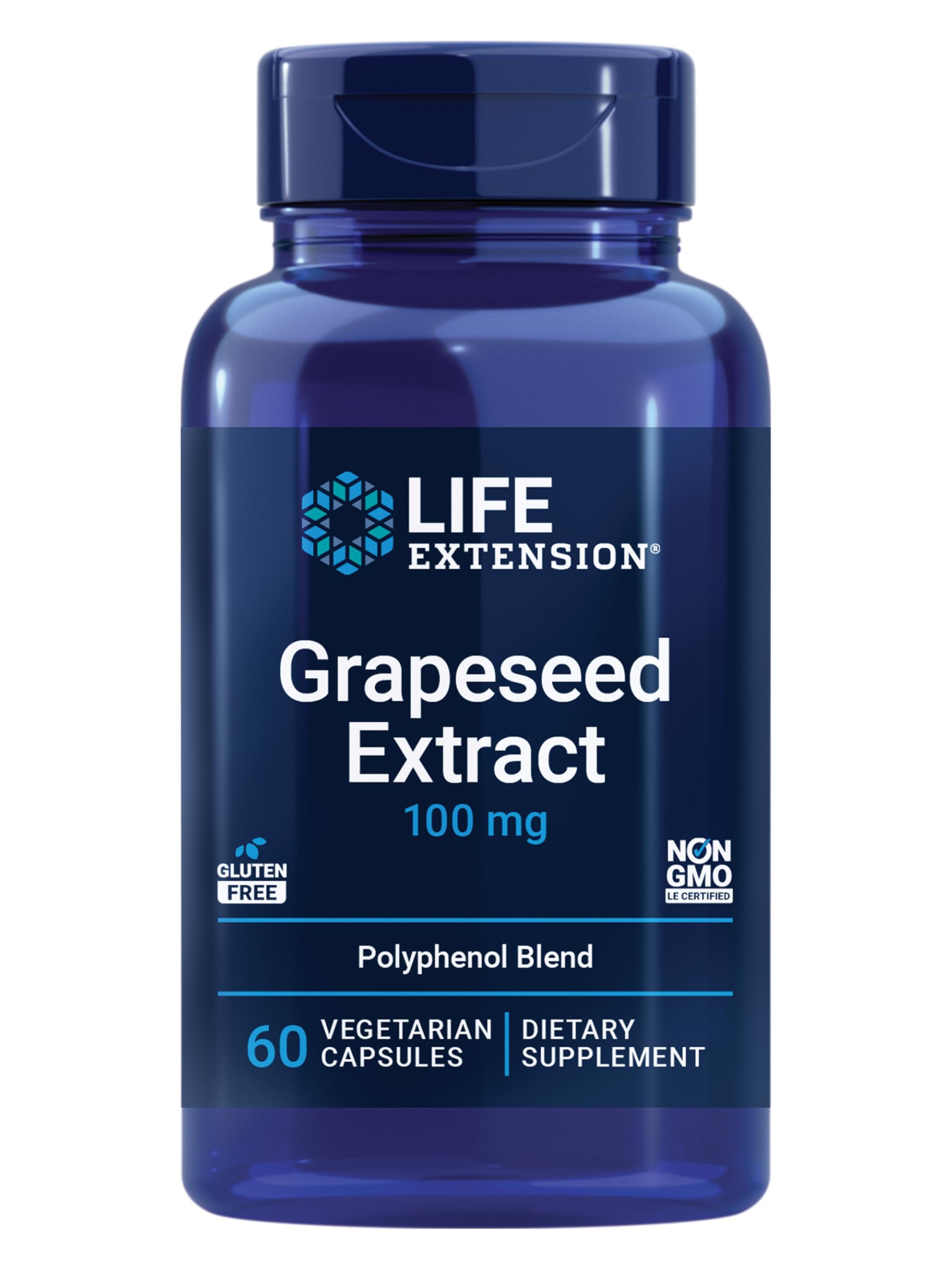 Life Extension extracto de semilla de uva, botella visible, apoyo antioxidante.