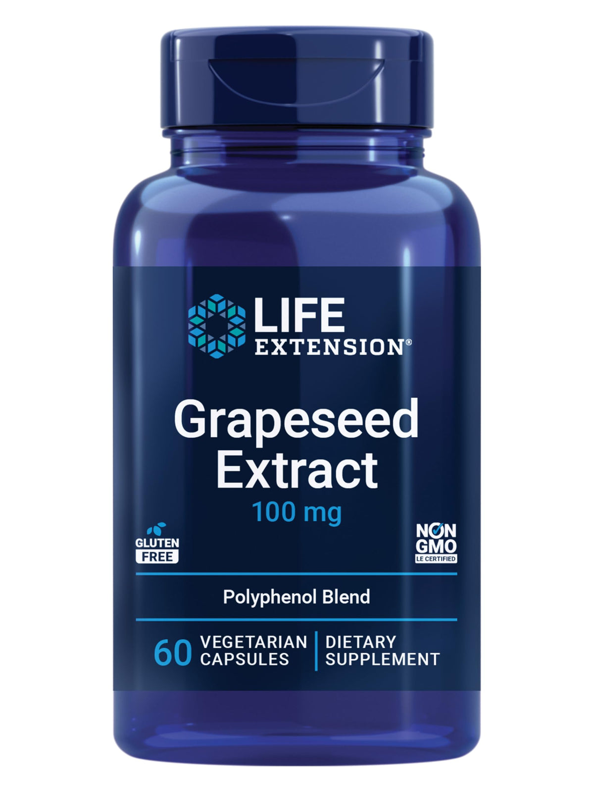 Life Extension extracto de semilla de uva, botella visible, apoyo antioxidante.