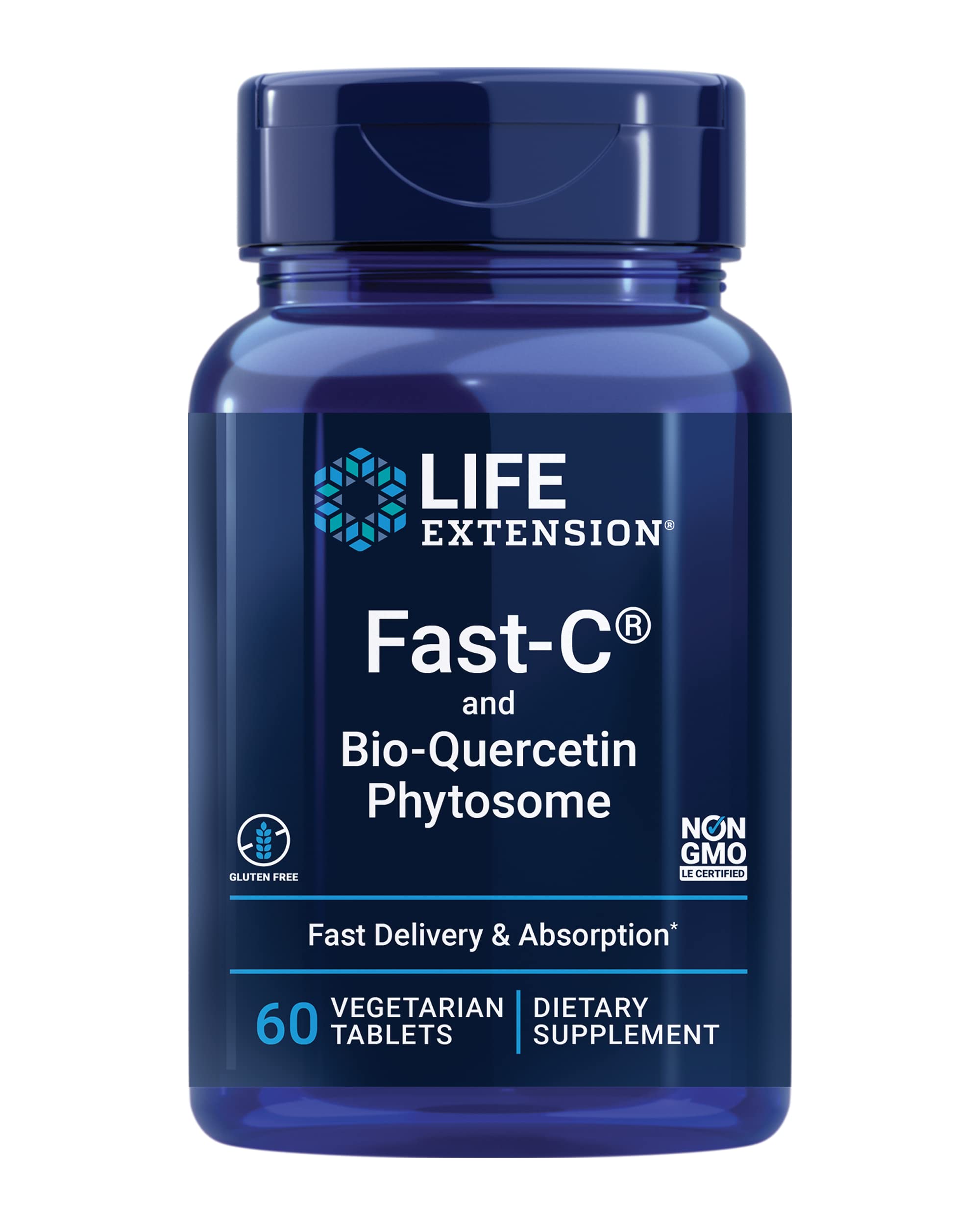 Life Extension Fast-C® y Bio-Quercetin® en botella, presentación limpia para tu rutina de bienestar.
